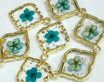 Teal & Golden Leaf Shaped Floral Design Resin Pendants with One Hole