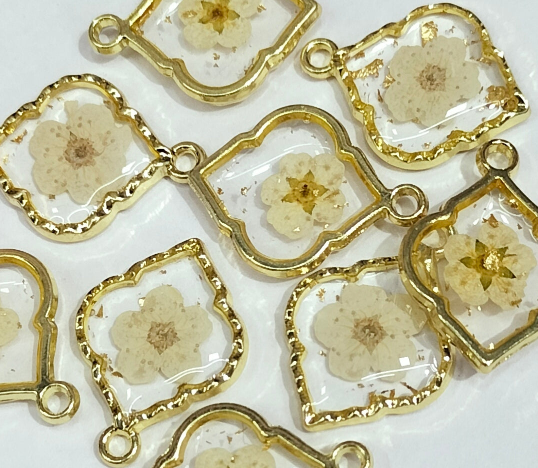 Pale Yellow & Golden Leaf Shaped Floral Design Resin Pendants with One Hole