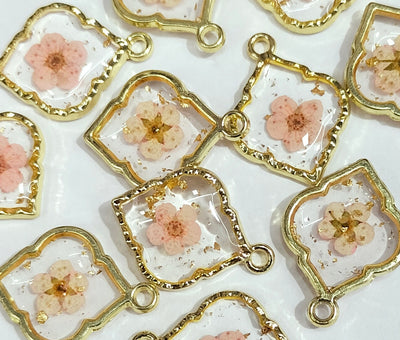 Peach & Golden Leaf Shaped Floral Design Resin Pendants with One Hole