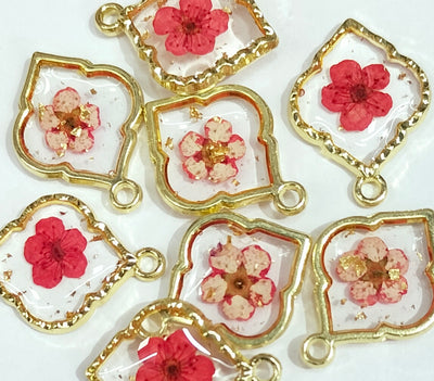 Red & Golden Leaf Shaped Floral Design Resin Pendants with One Hole