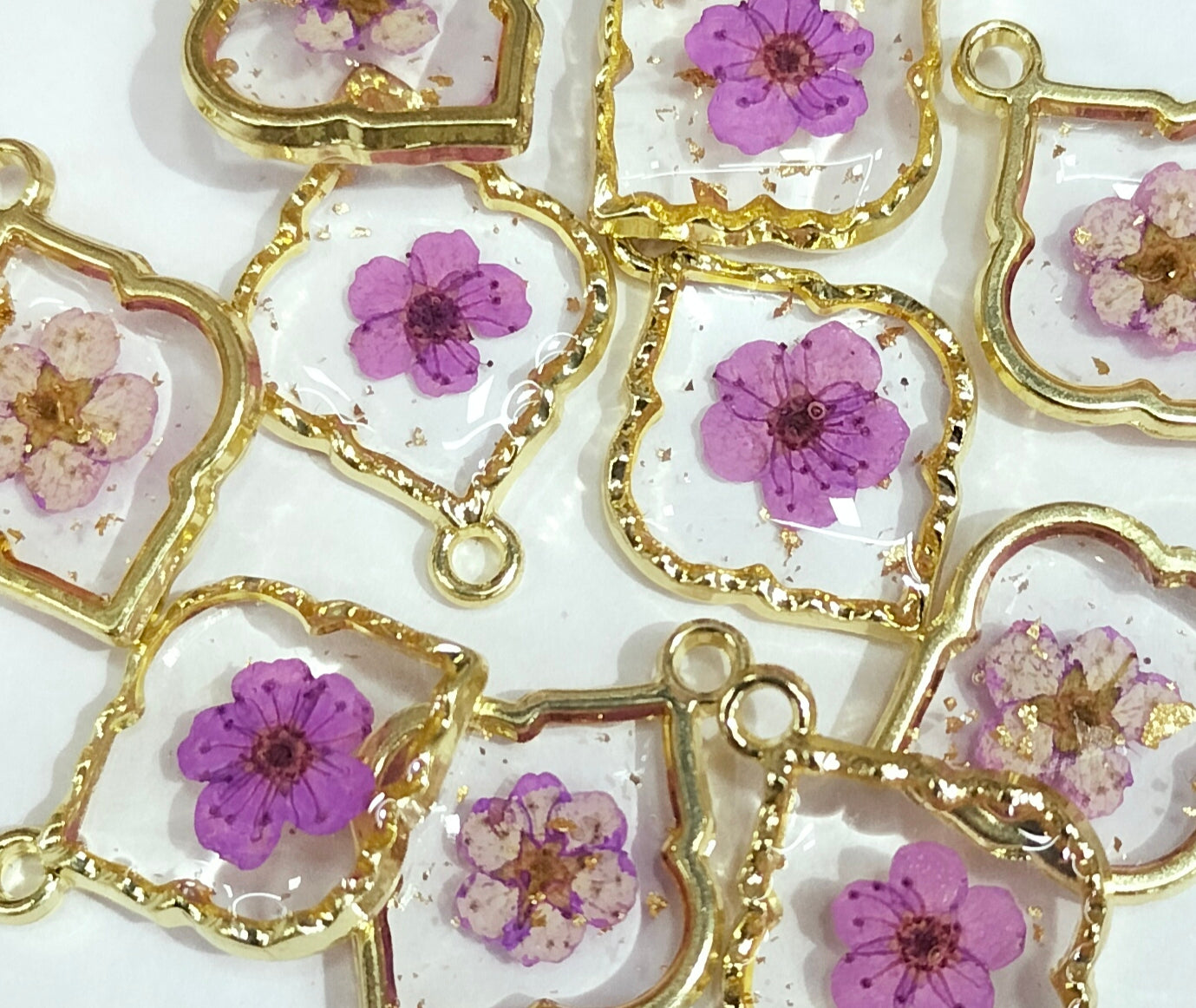 Purple & Golden Leaf Shaped Floral Design Resin Pendants with One Hole