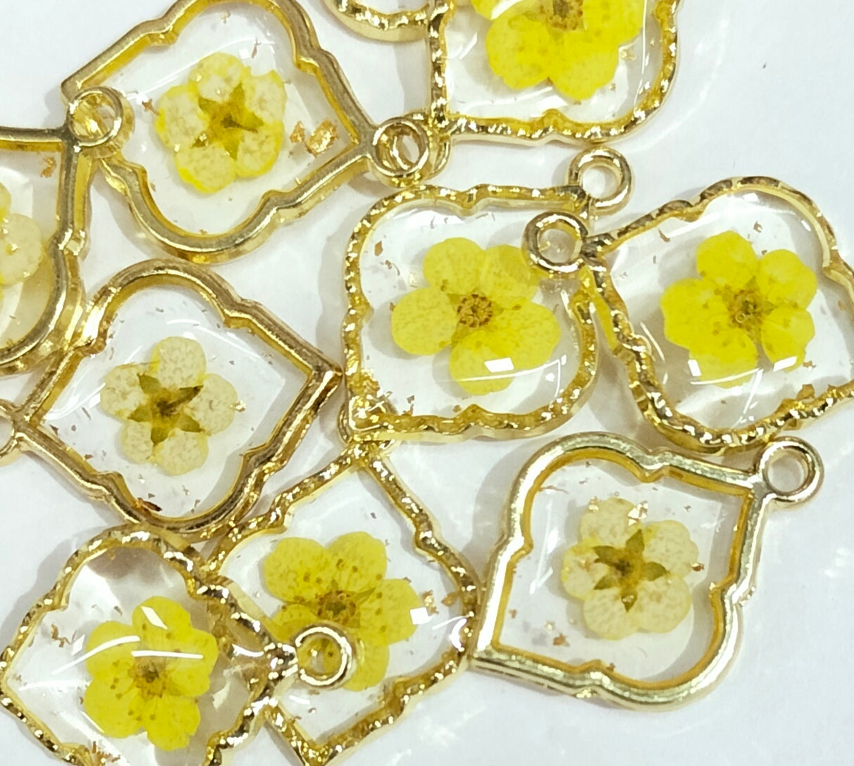 Yellow & Golden Leaf Shaped Floral Design Resin Pendants with One Hole