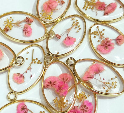 Pink & Golden Oval Shaped Floral Design Resin Pendants with One Hole