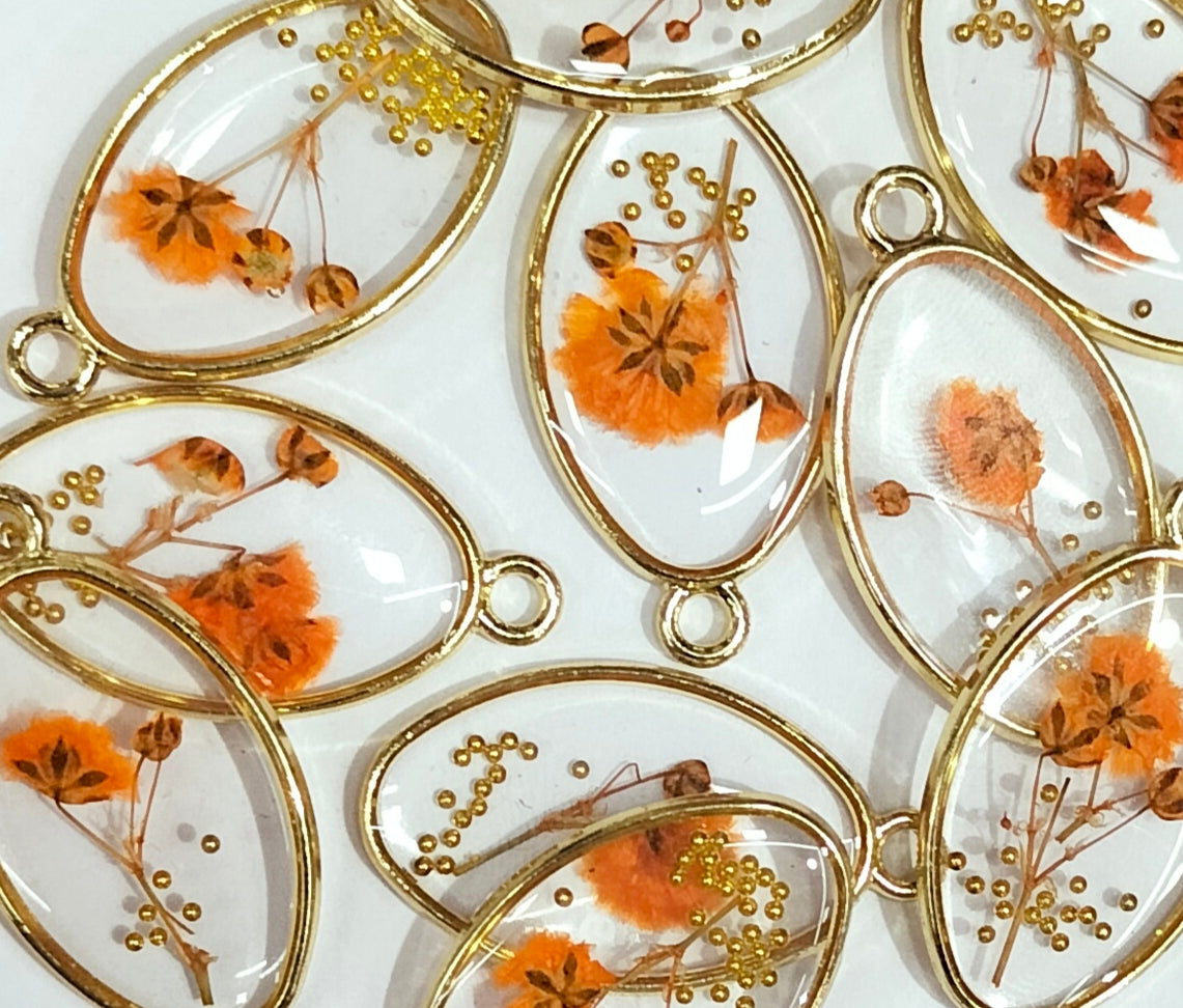 Orange & Golden Orange & Golden Oval Shaped Floral Design Resin Pendants with One Hole