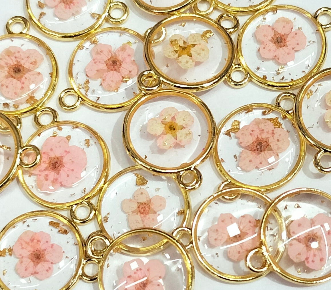 Peach & Golden Spherical Floral Design Resin Pendants with Two Holes