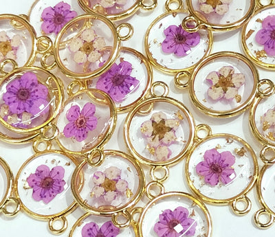 Purple & Golden Spherical Floral Design Resin Pendants with Two Holes