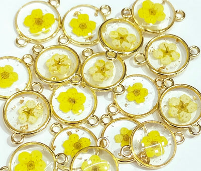 Yellow & Golden Spherical Floral Design Resin Pendants with Two Holes