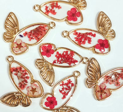 Red & Golden Butterfly Floral Rsin Charms with One Hole