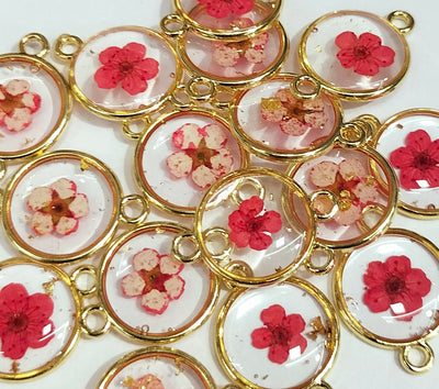 Red & Golden Spherical Floral Design Resin Pendants with Two Holes