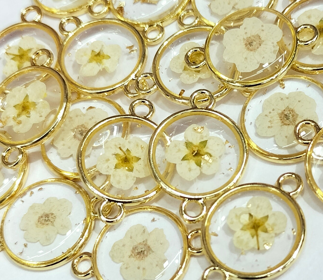 Light Yellow Spherical Floral Design Resin Pendants with Two Holes