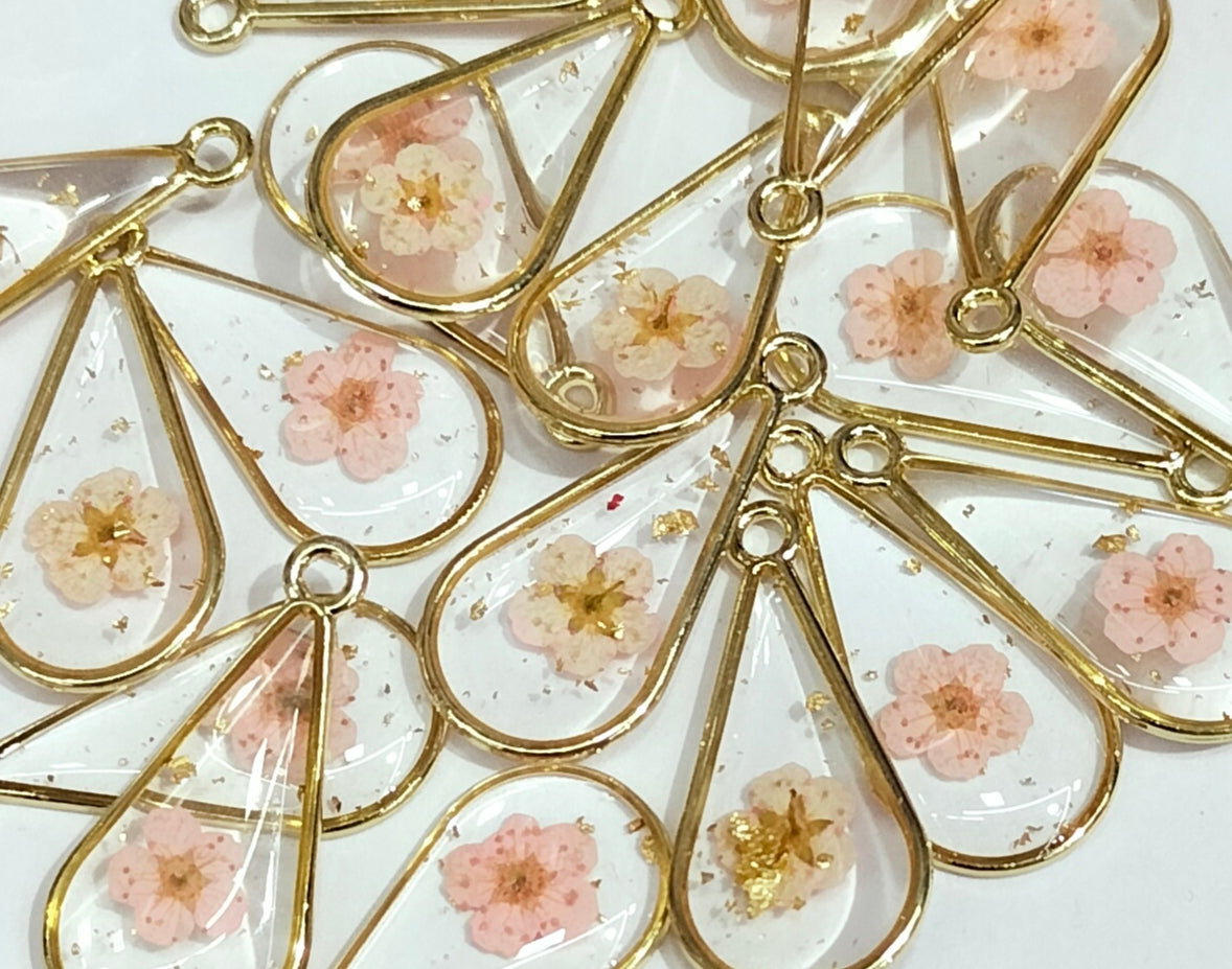 Peach Drop Shaped Floral Design Resin Pendants with One Hole