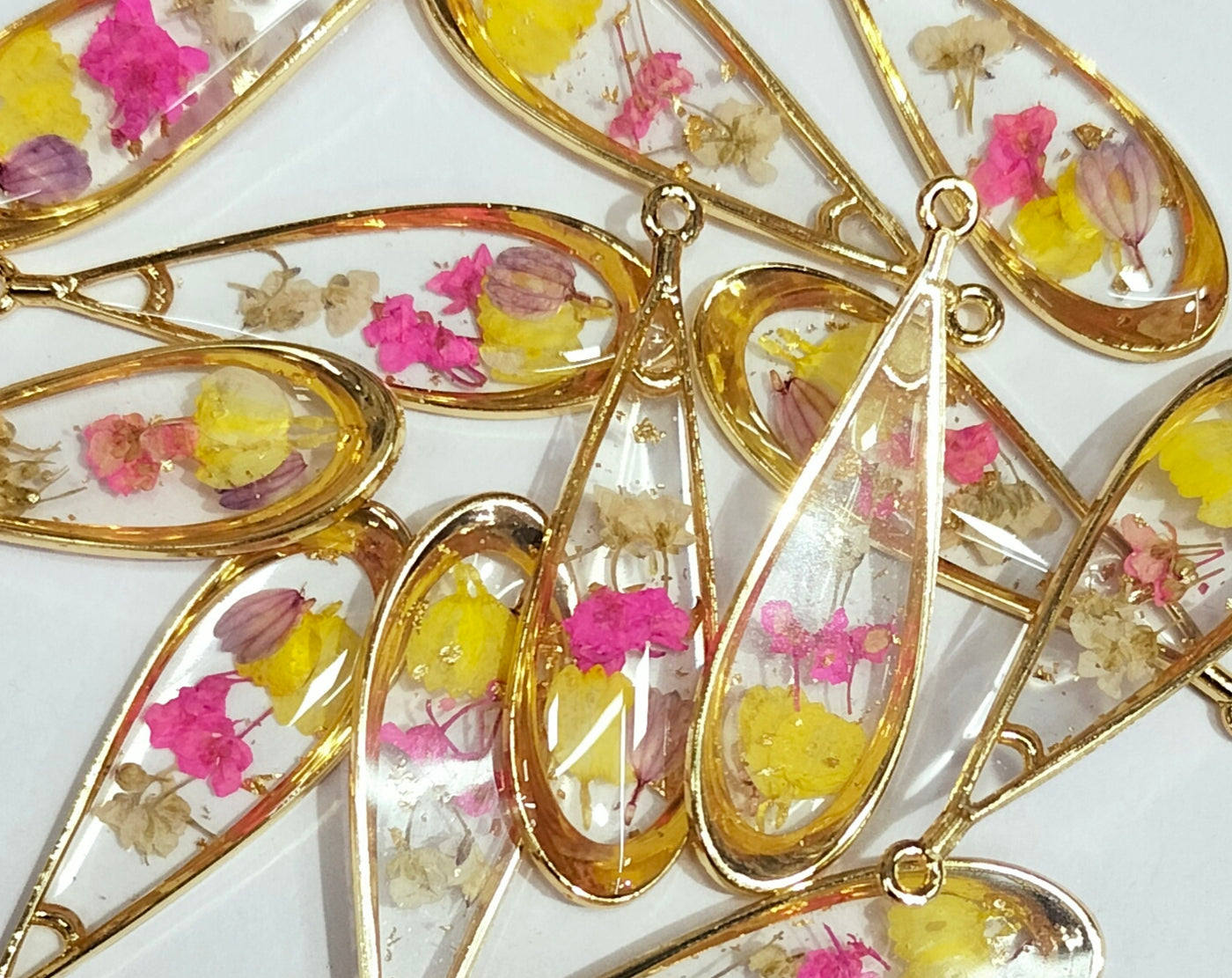 Pink & Yellow Tear Drop Shaped Floral Design Resin Pendants with One Hole