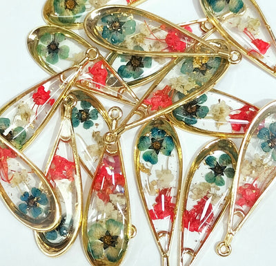 Green & Red Tear Drop Shaped Floral Design Resin Pendants with One Hole