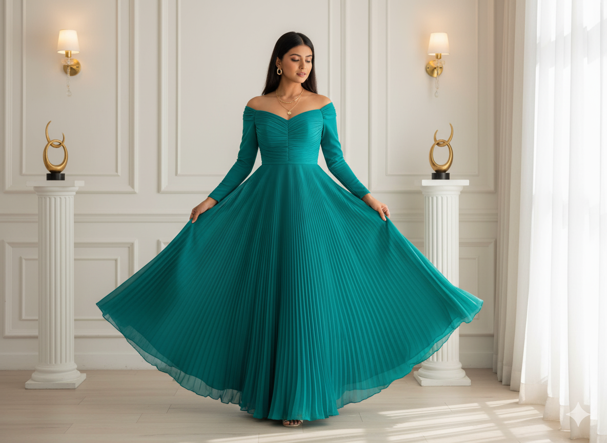 प्रीकट 2.5 मीटर लाइट फ़िरोज़ा प्लेन प्लीटेड विस्कोस जॉर्जेट फ़ैब्रिक