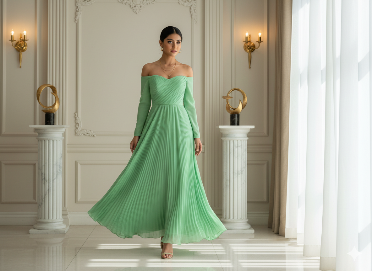 2 मीटर हल्के हरे रंग के सादे प्लीटेड विस्कोस जॉर्जेट कपड़े का प्रीकट