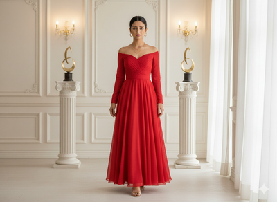 रॉयल रेड प्लीटेड विस्कोस जॉर्जेट फ़ैब्रिक