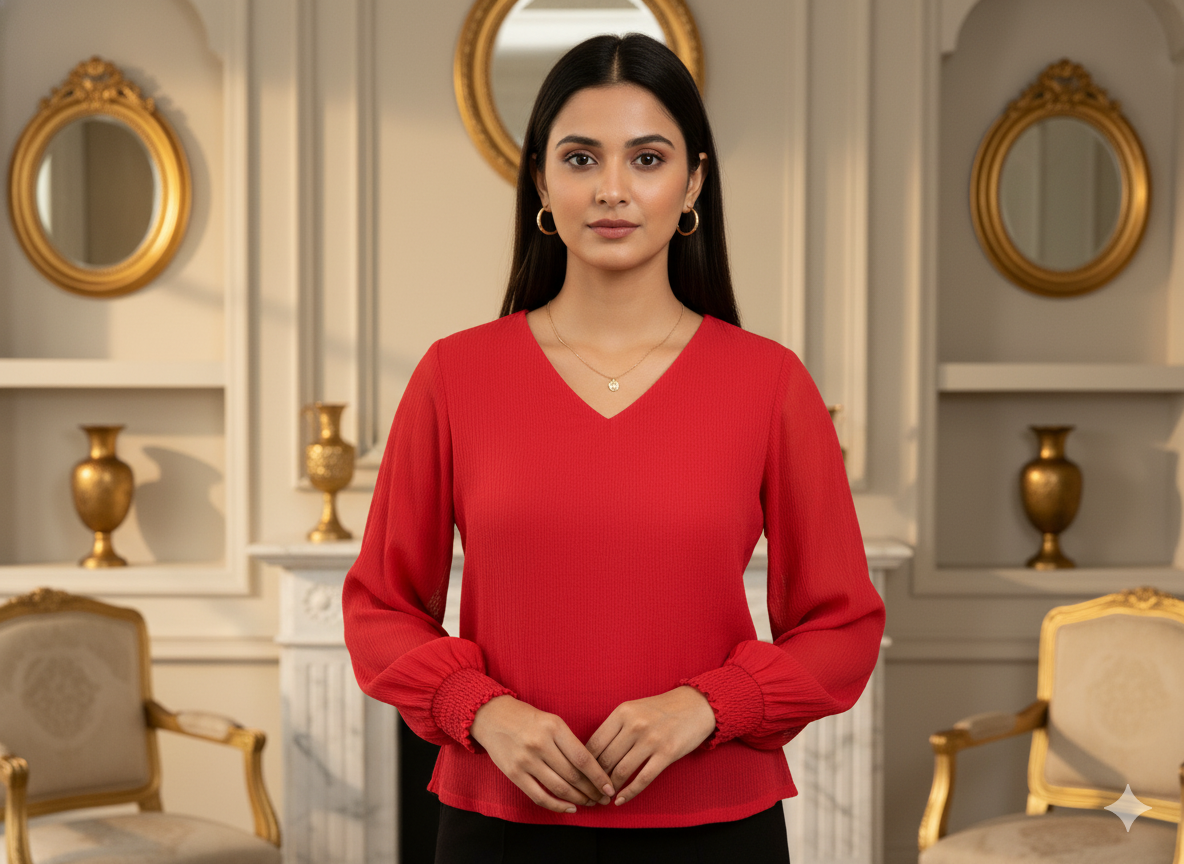 1 मीटर रॉयल रेड प्लीटेड विस्कोस जॉर्जेट फैब्रिक का प्रीकट