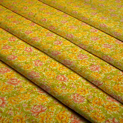 Yellow Multicolor Floral Dyed and Printed Pure Cotton Unstitched Fabric