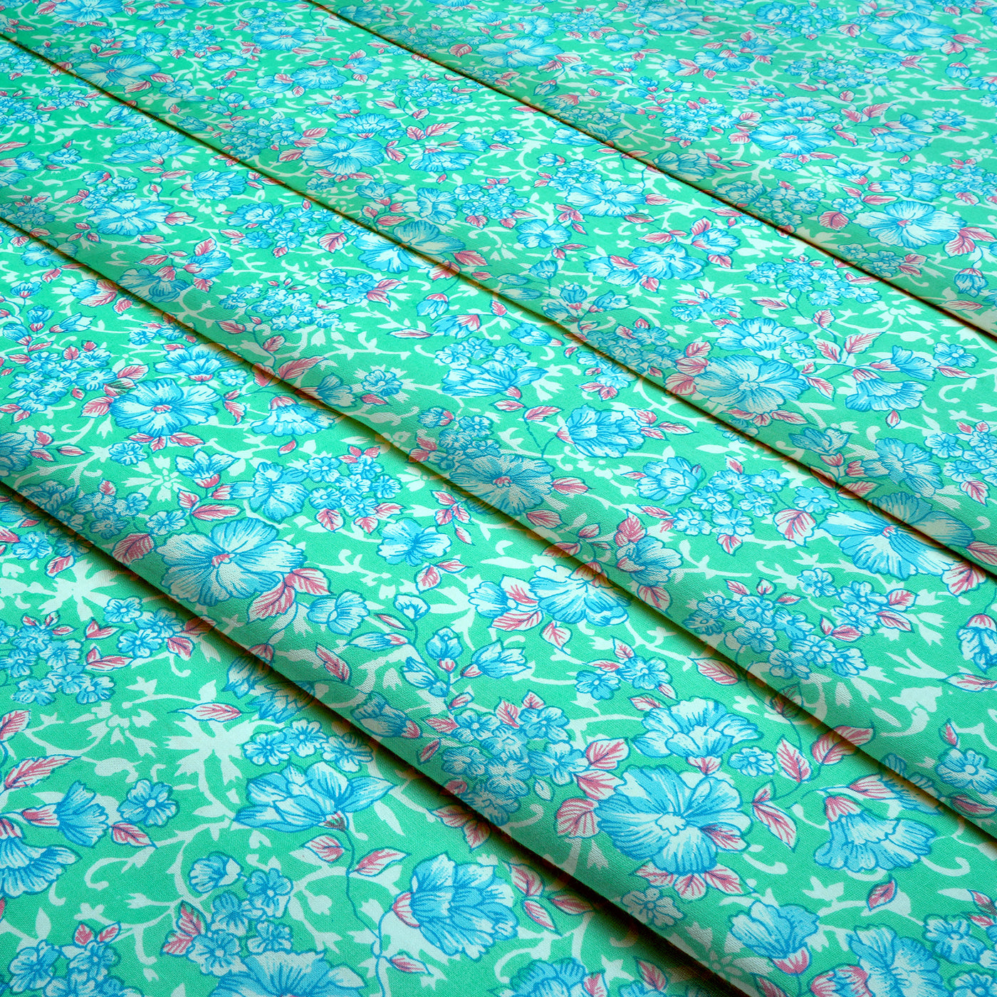 Sea Green & Blue Floral Dyed and Printed Pure Cotton Unstitched Fabric