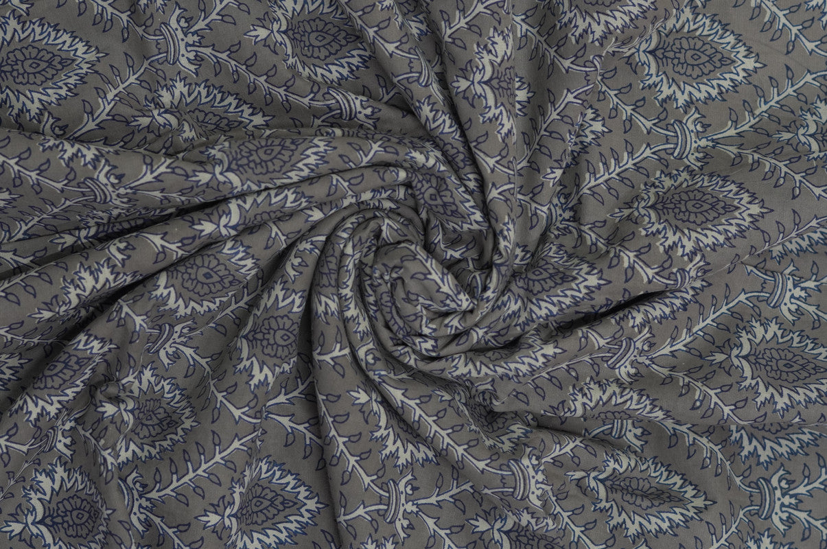 Grey Floral Printed Dabu Cotton Fabric