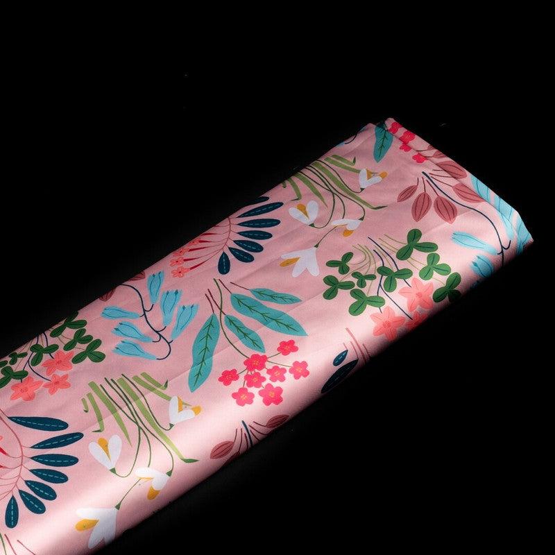 Pink Floral Printed Imported Satin Fabric