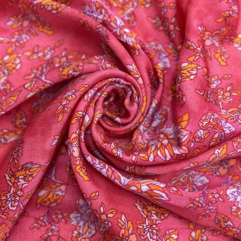 Strawberry Pink Floral Printed Modal Satin Fabric