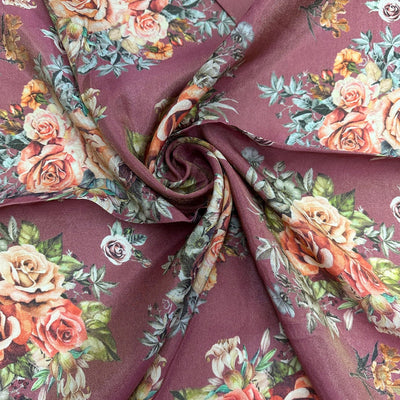 Brown Floral Printed Viscose Shimmer Georgette Fabric