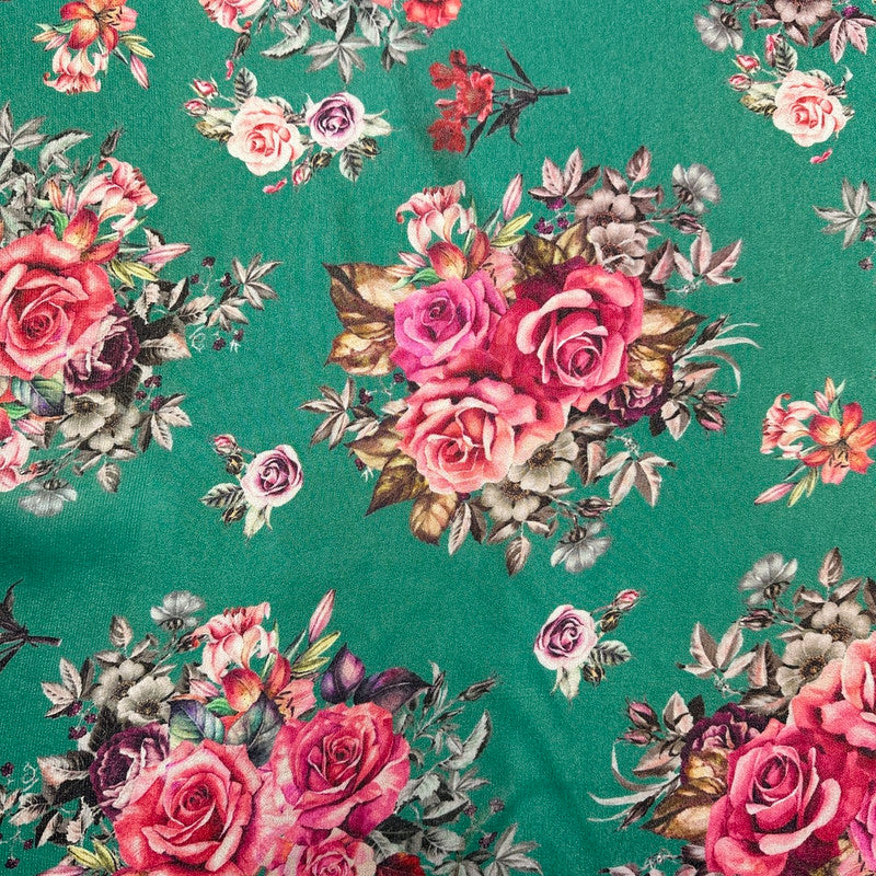Dark Seafoam Green Floral Printed Viscose Shimmer Georgette Fabric