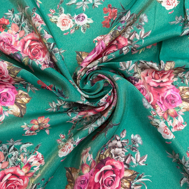 Dark Seafoam Green Floral Printed Viscose Shimmer Georgette Fabric