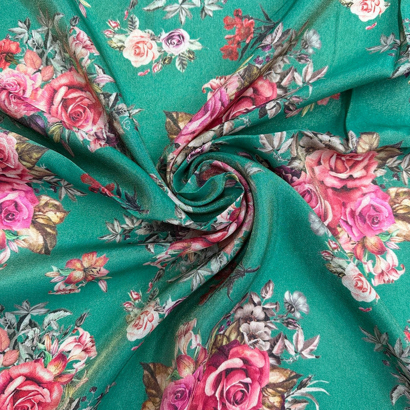 Precuts of Dark Seafoam Green Floral Printed Viscose Shimmer Georgette Fabric