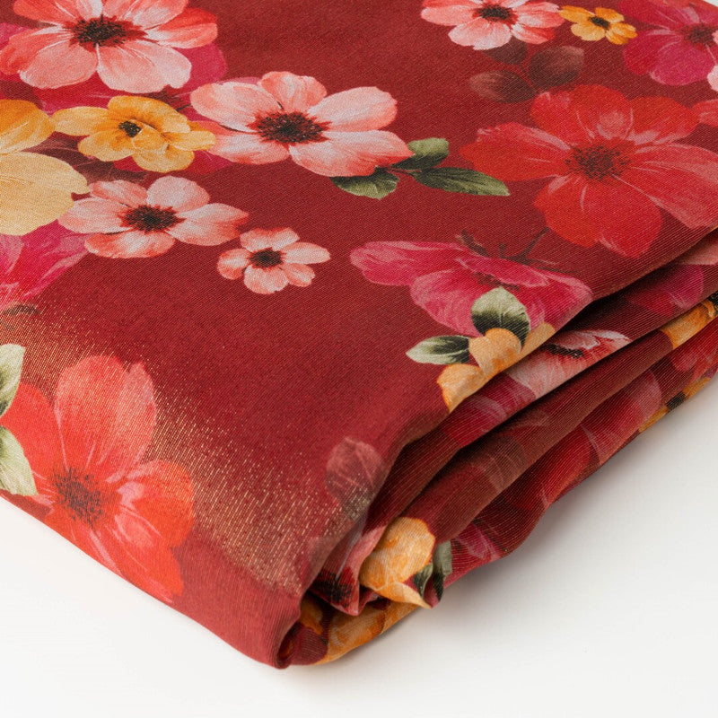 Red Floral Printed Viscose Shimmer Georgette Fabric