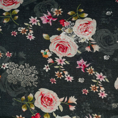 Dark Grey Floral Printed Viscose Dola Silk Jacquard Fabric