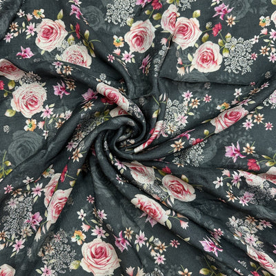 Dark Grey Floral Printed Viscose Dola Silk Jacquard Fabric