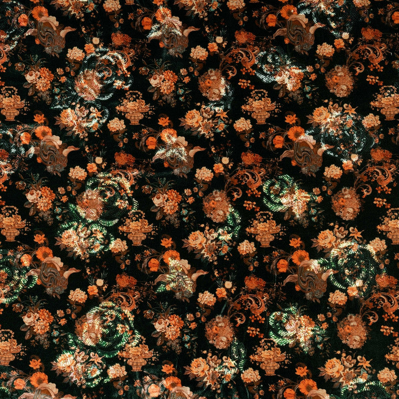 Green Floral Print Sequins Embroidered Velvet Fabric
