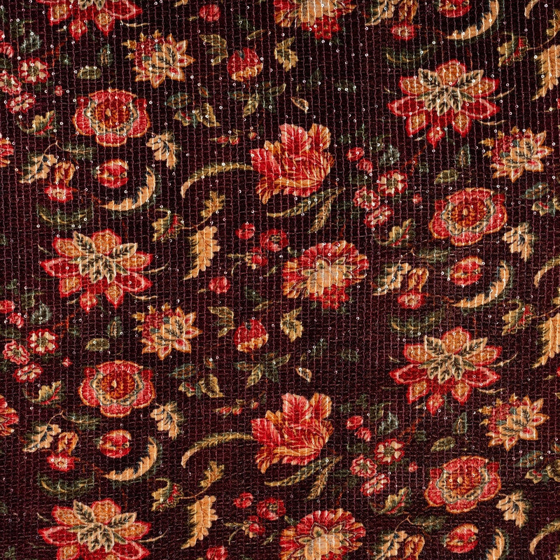 Wine Floral Print Sequins Embroidered Velvet Fabric