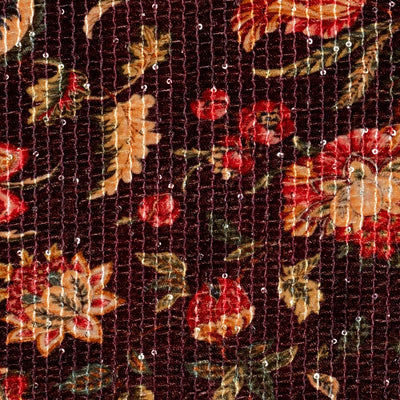 Wine Floral Print Sequins Embroidered Velvet Fabric