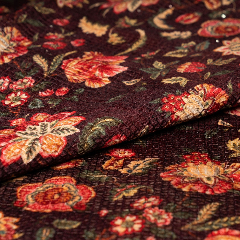 Wine Floral Print Sequins Embroidered Velvet Fabric