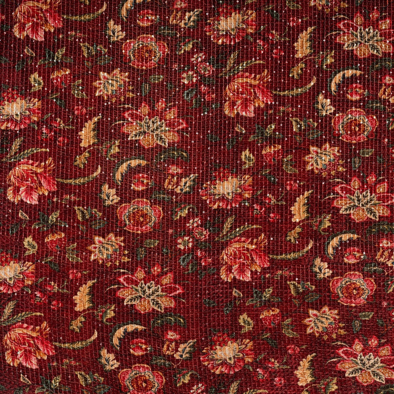 Maroon Floral Print Sequins Embroidered Velvet Fabric