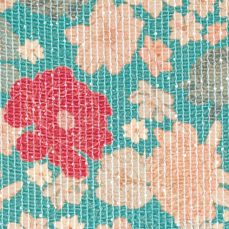 Teal Floral Print Sequins Embroidered Velvet Fabric