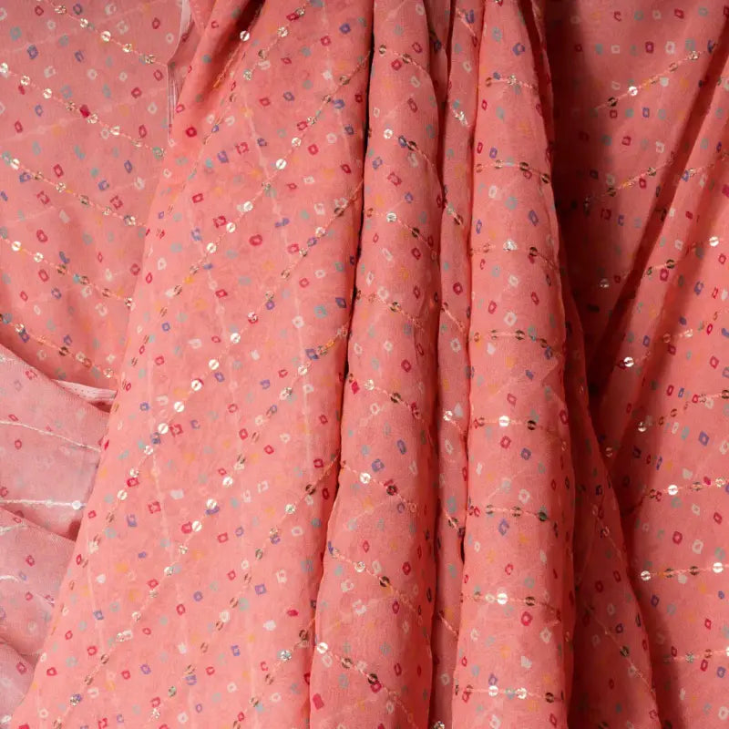 Pink Traditional Pure Viscose Georgette Bandhej Embroidered Fabric
