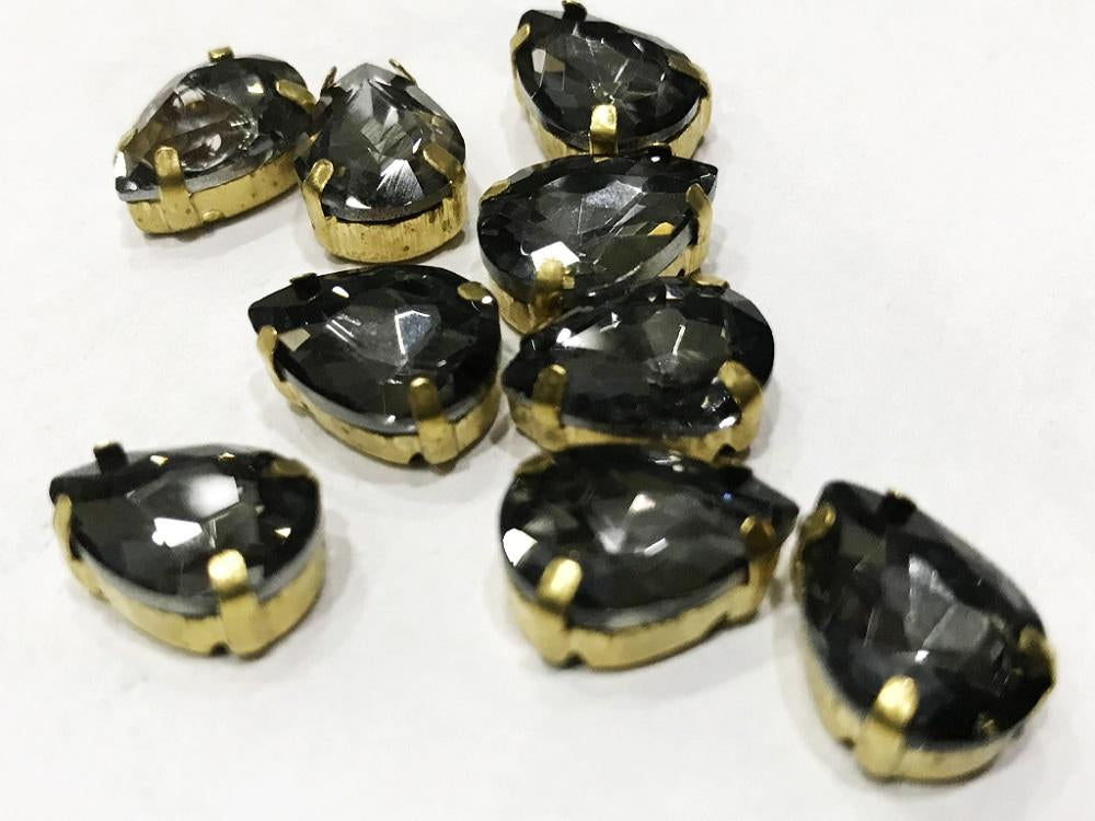 Dark Gray Drop Glass Stone with Catcher (13x8 mm) (Wholesale)