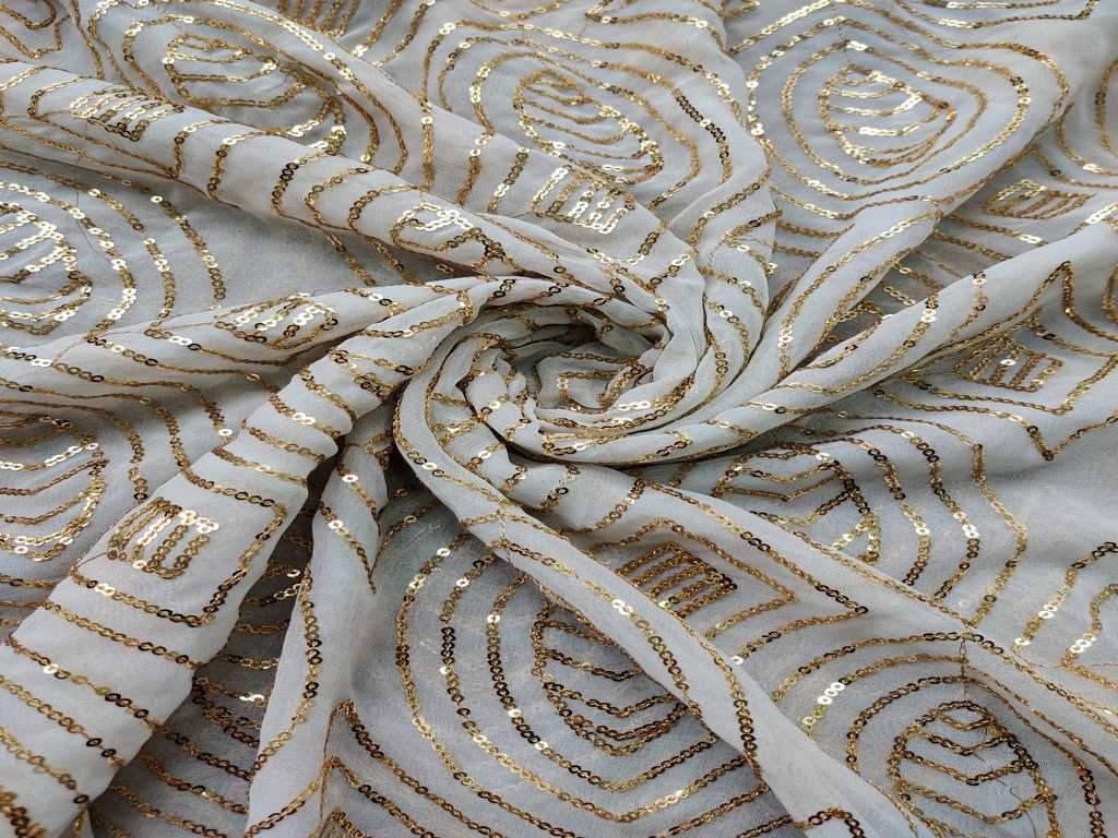 White Sequins Geometric Embroidered Dyeable Pure Georgette Fabric (Wholesale)