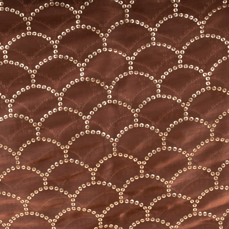 Brown & Golden Traditional Organza Sequins Embroidered Fabric