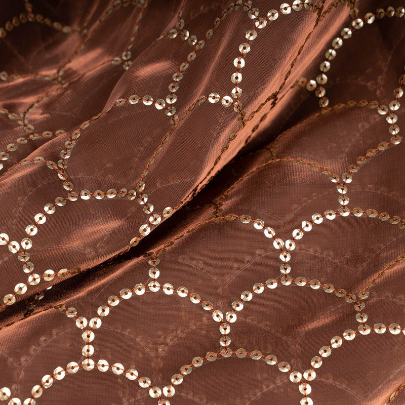 Brown & Golden Traditional Organza Sequins Embroidered Fabric