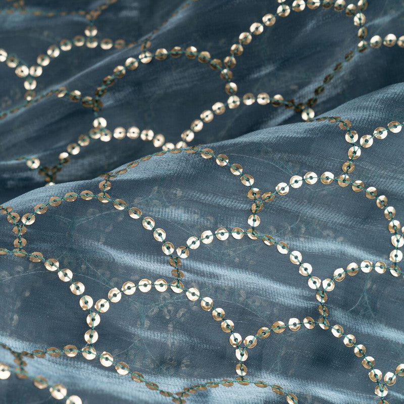 Blue & Golden Traditional Organza Sequins Embroidered Fabric