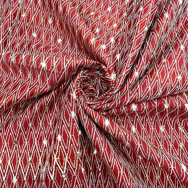 Red Geometric Embroidered Chanderi Fabric