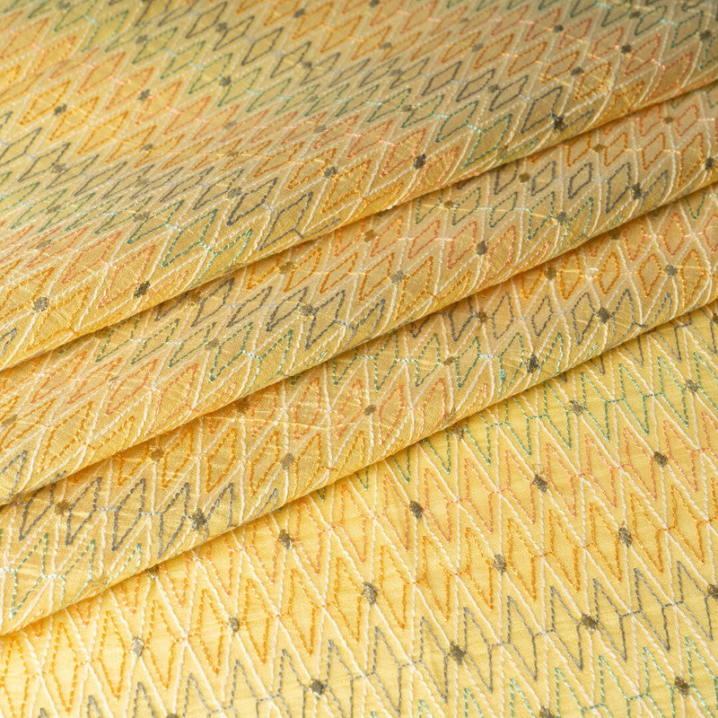 Yellow Geometric Embroidered Chanderi Fabric