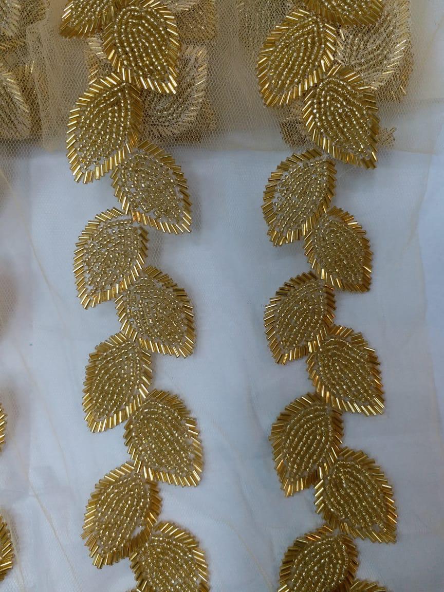 गोल्डन लीफ हैंडवर्क बीड्स वर्क कढ़ाई बॉर्डर
