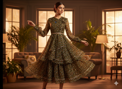 Mahndi Green Floral Digitally Printed Butter Crepe Fabric