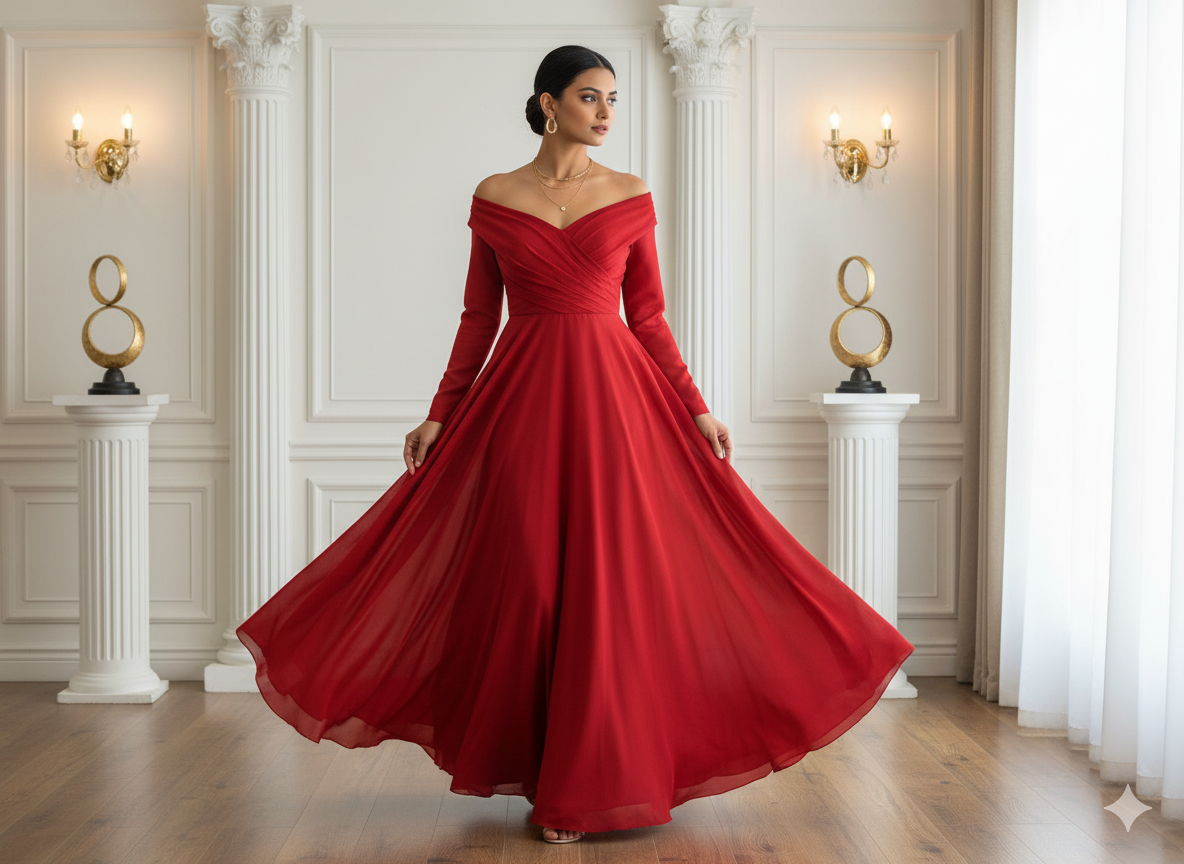 लाल सादा स्व-बनावट वाला जॉर्जेट कपड़ा